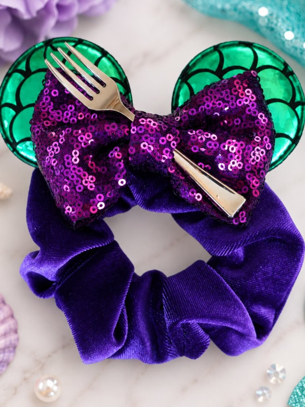 Little Mermaid Inspired Mouse Ears Scrunchie Purple Sequin Bow Fork Ariel Costum